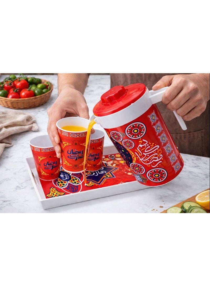 Ramadan Khayamiya Juice Serving Set - 5 Pieces (2L Pitcher + 3 Cups + Serving Tray) - Traditional Red Design with "Ramadan Mubarak" Calligraphy - Image 2